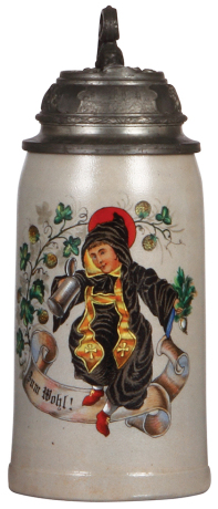 Stoneware stein, 1.0L, transfer and hand-painted, marked M. & W. Gr., Munich Child, Zum Wohl!, relief pewter lid, mint.