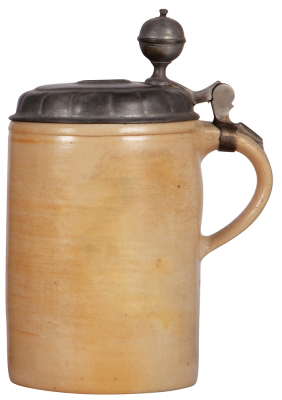 Stoneware stein, 10.2'' ht., late 1700s, SŠchsischer Walzenkrug, pewter lid, good pewter strap repair, hairline on side painted. - 2