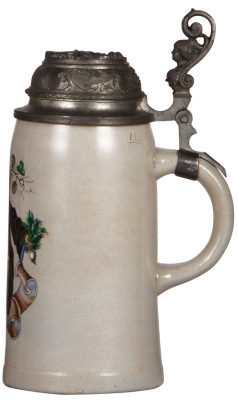Stoneware stein, 1.0L, transfer and hand-painted, marked M. & W. Gr., Munich Child, Zum Wohl!, relief pewter lid, mint. - 2