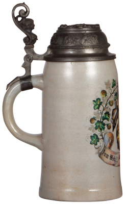 Stoneware stein, 1.0L, transfer and hand-painted, marked M. & W. Gr., Munich Child, Zum Wohl!, relief pewter lid, mint. - 3