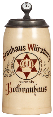 Pottery stein, 1.0L, impressed, marked M. & W. Gr., Brauhaus Würzburg, Hofbrauhaus, relief pewter lid: Würzburger Hofbräu, shallow 1" long chip on bottom.