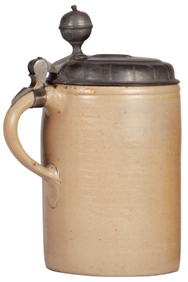 Stoneware stein, 10.2'' ht., late 1700s, SŠchsischer Walzenkrug, pewter lid, good pewter strap repair, hairline on side painted. - 3