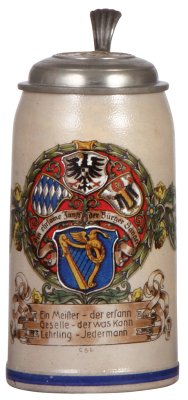 Stoneware stein, 1.0L, transfer & hand-painted, Munich child & eagle medallion on pewter lid: Hans Sachs, mint.