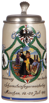 Stoneware stein, 1.0L, transfer & hand-painted, Deutschen Schornsteinfegermeistertag München, 16. - 20. Juli 1913, chimney sweeper, pewter lid, missing center hinge ring, body mint.