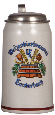 Stoneware stein, 1.0L, transfer, Weizenbierbrauerei, Lauterbach, impressed pewter lid with matching decoration, mint.