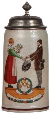 Stoneware stein, .5L, transfer & hand-painted, marked Th. Schmid Maler, München, by F. Ringer, pewter lid: Hauptversammlung Des Vereins Deutscher Ingenieure, München 1903, mint.