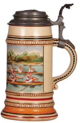 Pottery stein, 1.0L, transfer, scull racing, relief pewter lid with Sculling, very good condition. - 2