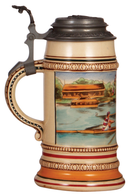 Pottery stein, 1.0L, transfer, scull racing, relief pewter lid with Sculling, very good condition. - 3