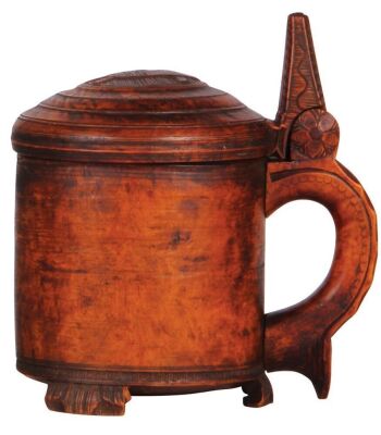 Wood tankard, 8.5'' ht., Norwegian, c.1830, carved lid, thumblift & feet, small chip on one foot, otherwise very good condition. - 5