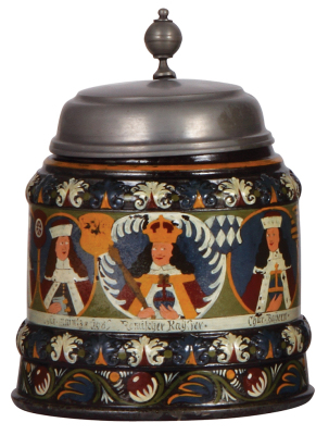 Pottery stein, 1.0L, 8.3" ht., relief, Creussen style, c.1900s, cold painted, electors, pewter lid, very good condition.