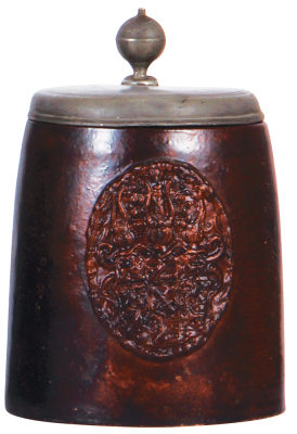 Stoneware stein, 8.1'' ht., Bunzlauer Walzenkrug, late 1600s, pewter lid, very good pewter strap & a tear repaired, body very good condition. - 4