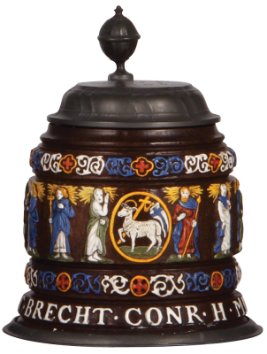 Pottery stein, 1.0L, 8.0" ht., relief, Creussen style, c.1900s, Apostles, pewter lid, mint.