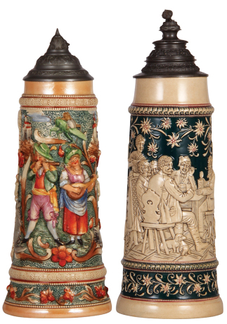 Two Diesinger steins, pottery, 2.0L, 14.1" ht., 818, relief, pewter lid is an old replacement, faint base hairline; with, 2.0L, 15.1" ht., 86, relief, finial damaged, glaze browning.