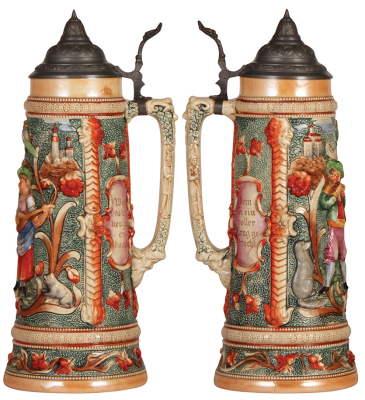 Two Diesinger steins, pottery, 2.0L, 14.1" ht., 818, relief, pewter lid is an old replacement, faint base hairline; with, 2.0L, 15.1" ht., 86, relief, finial damaged, glaze browning. - 2