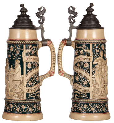 Two Diesinger steins, pottery, 2.0L, 14.1" ht., 818, relief, pewter lid is an old replacement, faint base hairline; with, 2.0L, 15.1" ht., 86, relief, finial damaged, glaze browning. - 3