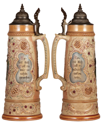 Two Diesinger steins, pottery, 2.0L, 15.8" ht., 211, relief, pewter lid, pewter strap missing; with, 2.0L, 14.9" ht., 57, relief, pewter lid, very good condition. - 2