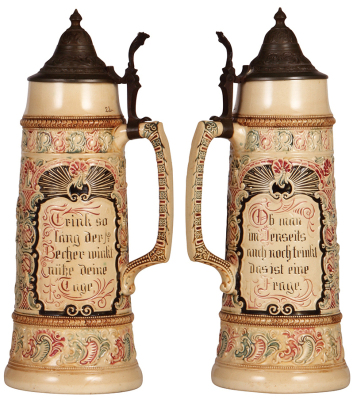 Two Diesinger steins, pottery, 2.0L, 15.8" ht., 211, relief, pewter lid, pewter strap missing; with, 2.0L, 14.9" ht., 57, relief, pewter lid, very good condition. - 3