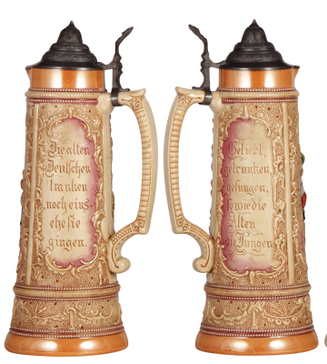 Two Diesinger steins, pottery, 2.0L, 14.1" ht., 505, relief, pewter lid is dented; with, 2.0L, 14.3" ht., 88, relief & threading, pewter lid has a tear, bodies in very good condition. - 2