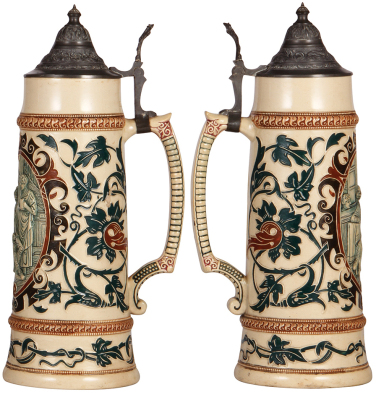 Two Diesinger steins, pottery, 2.0L, 14.1" ht., 505, relief, pewter lid is dented; with, 2.0L, 14.3" ht., 88, relief & threading, pewter lid has a tear, bodies in very good condition. - 3