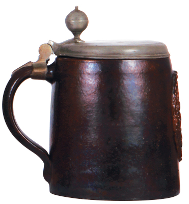 Stoneware stein, 8.1'' ht., Bunzlauer Walzenkrug, late 1600s, pewter lid, very good pewter strap & a tear repaired, body very good condition. - 6