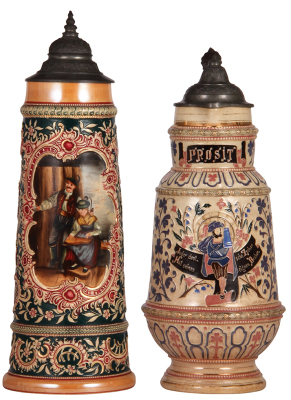 Two Diesinger steins, pottery, 2.0L, 15.8" ht., 182, transfer & hand-painted with relief, pewter lid; with, 2.5L, 14.4" ht., 1252, threading, pewter lid glaze browning, otherwise both in very good condition.