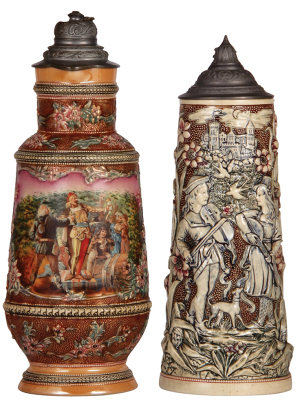 Two Diesinger steins, pottery, 2.5L, 14.0" ht., 502, transfer & hand-painted with relief, pewter lid, finial dented and tip missing; with, 1.5L, 12.9" ht., 742, relief, pewter lid has a tear, both bodies in very good condition.