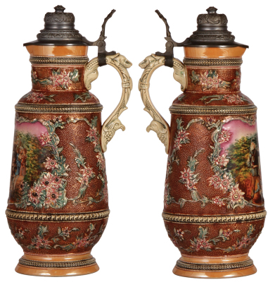 Two Diesinger steins, pottery, 2.5L, 14.0" ht., 502, transfer & hand-painted with relief, pewter lid, finial dented and tip missing; with, 1.5L, 12.9" ht., 742, relief, pewter lid has a tear, both bodies in very good condition. - 2