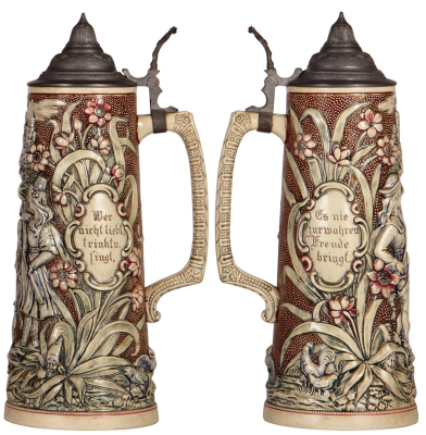 Two Diesinger steins, pottery, 2.5L, 14.0" ht., 502, transfer & hand-painted with relief, pewter lid, finial dented and tip missing; with, 1.5L, 12.9" ht., 742, relief, pewter lid has a tear, both bodies in very good condition. - 3