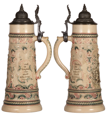 Two Diesinger steins, pottery, 2.5L, 15.3" ht., 92, relief, pewter lid; with, 2.0L, 15.1" ht., relief, pewter lid is an old replacement, both bodies in very good condition. - 2