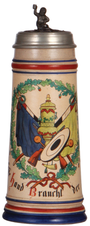 Stoneware stein, 1.0L, hand-painted, marked A. Saeltzer, artist, Schützen motif, copper inlaid: Schützen, mint.