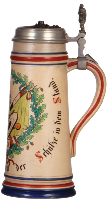 Stoneware stein, 1.0L, hand-painted, marked A. Saeltzer, artist, Schützen motif, copper inlaid: Schützen, mint. - 2