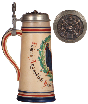 Stoneware stein, 1.0L, hand-painted, marked A. Saeltzer, artist, Schützen motif, copper inlaid: Schützen, mint. - 3