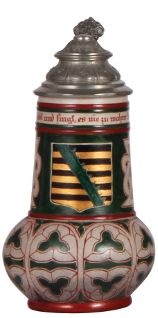 Stoneware stein, .3L, hand-painted, by Saeltzer, painter's mark, Sächsen coat-of-arms, pewter lid, mint.  