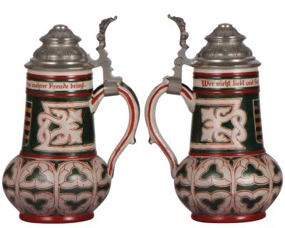 Stoneware stein, .3L, hand-painted, by Saeltzer, painter's mark, Sächsen coat-of-arms, pewter lid, mint.   - 2
