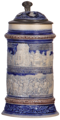 Stoneware stein, .5L, relief, marked Musterschutz, blue & purple saltglazes, Anti-Semitic scenes, inlaid lid, mint.