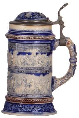 Stoneware stein, .5L, relief, marked Musterschutz, blue & purple saltglazes, Anti-Semitic scenes, inlaid lid, mint. - 2