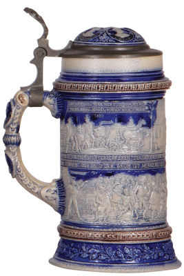 Stoneware stein, .5L, relief, marked Musterschutz, blue & purple saltglazes, Anti-Semitic scenes, inlaid lid, mint. - 3