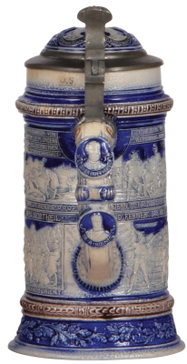 Stoneware stein, .5L, relief, marked Musterschutz, blue & purple saltglazes, Anti-Semitic scenes, inlaid lid, mint. - 4