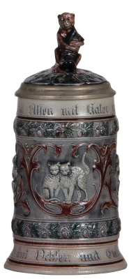 Stoneware stein, .5L, relief, marked 940, by Marzi & Remy, monkeys & cats, bear handle, inlaid lid, mint.