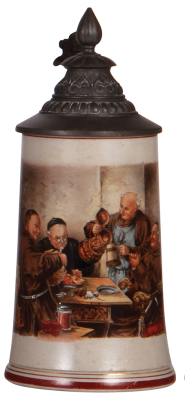 Stoneware stein, .5L, transfer & hand-painted, marked Pauson München, monks eating and drinking, pewter lid, mint.