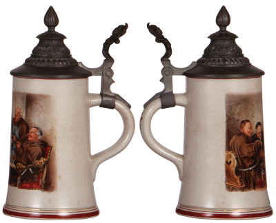 Stoneware stein, .5L, transfer & hand-painted, marked Pauson München, monks eating and drinking, pewter lid, mint. - 2