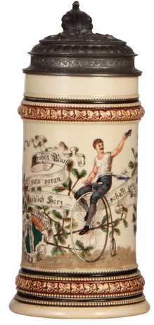 Pottery stein, .5L, transfer & hand-painted, high-wheel bicycle, Velociped Club, Ansbach, pewter lid with relief high-wheel bicycle.