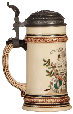 Pottery stein, .5L, transfer & hand-painted, high-wheel bicycle, Velociped Club, Ansbach, pewter lid with relief high-wheel bicycle. - 3