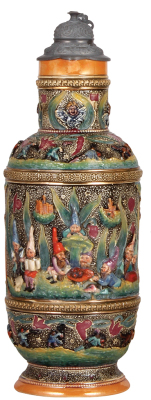 Diesinger stein, pottery, 3.0L, 16.2" ht., 902, relief, gnomes, pewter lid, very good condition.