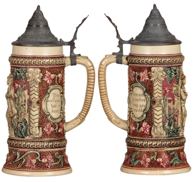 Three Diesinger steins, pottery, .5L, threading & relief, lid with pewter tear; with, .5L, 670, relief, lid with pewter tear; with, .5L, 656, relief, no lid, bodies very good condition. - 3