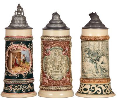 Three Diesinger steins, pottery, .5L, 171, transfer & hand-painted, relief, pewter lid; with, 1.0L, 665, relief, pewter lid; with, .5L, 42, relief, pewter lid, 1" hairline on top rim, otherwise good condition.