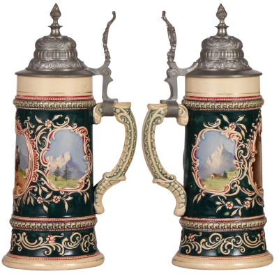 Three Diesinger steins, pottery, .5L, 171, transfer & hand-painted, relief, pewter lid; with, 1.0L, 665, relief, pewter lid; with, .5L, 42, relief, pewter lid, 1" hairline on top rim, otherwise good condition. - 2