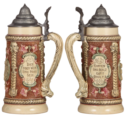 Three Diesinger steins, pottery, .5L, 171, transfer & hand-painted, relief, pewter lid; with, 1.0L, 665, relief, pewter lid; with, .5L, 42, relief, pewter lid, 1" hairline on top rim, otherwise good condition. - 3