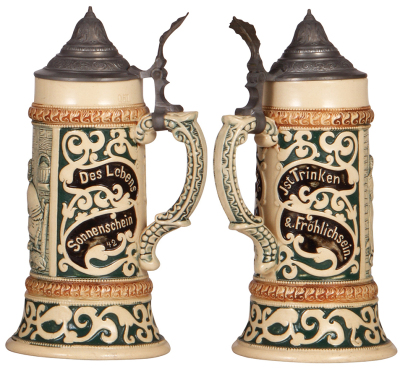 Three Diesinger steins, pottery, .5L, 171, transfer & hand-painted, relief, pewter lid; with, 1.0L, 665, relief, pewter lid; with, .5L, 42, relief, pewter lid, 1" hairline on top rim, otherwise good condition. - 4