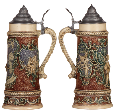 Three Diesinger steins, pottery, 1.0L, 590, relief, pewter lid, faint hairline on base, handle repair; with, 1.0L, 198, relief, pewter lid; with, 1.0L, threading & relief, pewter lid, pewter dented & loose, glaze browning. - 2